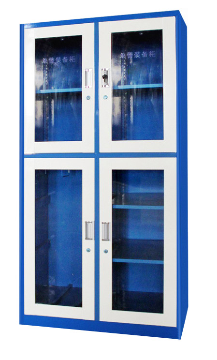 蓝色警用装备柜,上下四门警备柜,玻璃门装备柜
